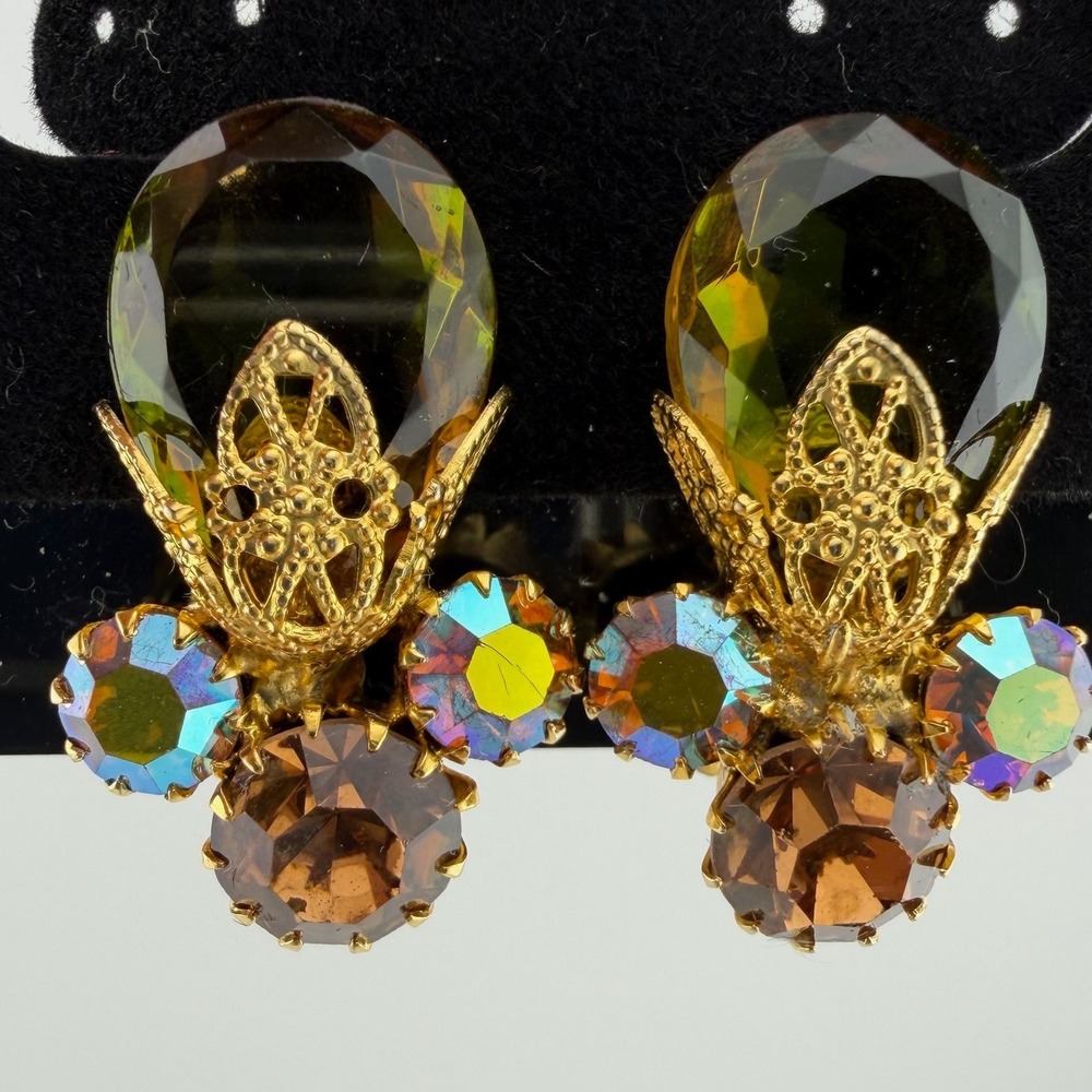 Vintage Juliana Clip On Earrings AB Crystal Amber Glass Filigree Cluster